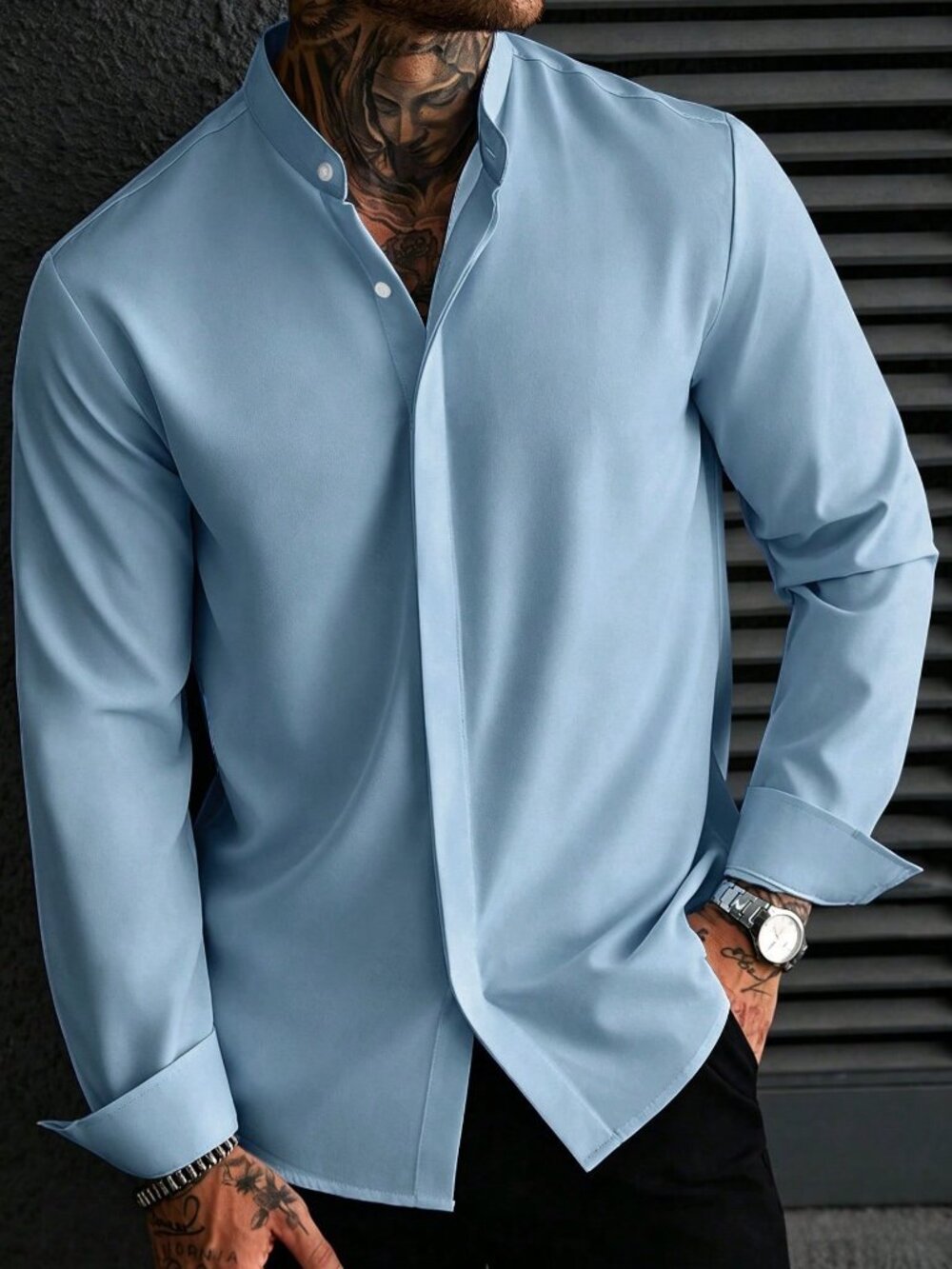 Baby Blue Casual Men's Stand Collar Button Dress Shirt